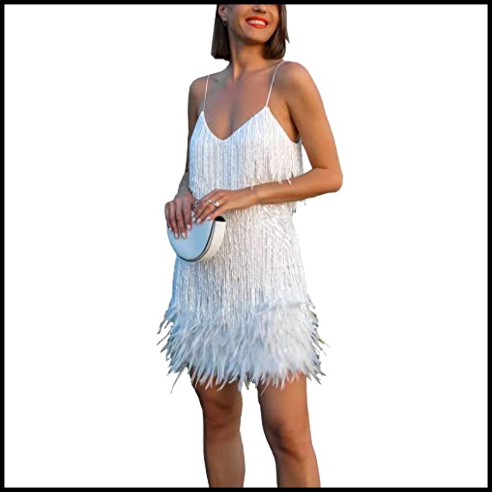 Sequin Flapper Dress Sleeveless Feather Fringe Glitter Sparkly Mini Party - Picture 2 of 5